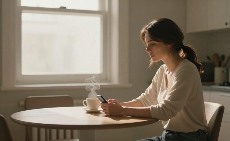 A woman sits alone with coffee and a phone at a kitchen table.