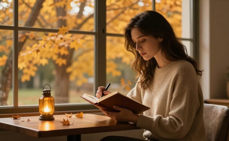 Woman writing in a journal beside a window with autumn trees outside.
