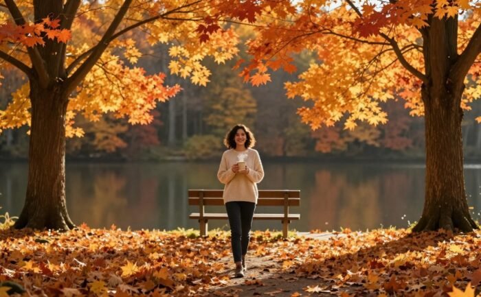 Woman with a steaming mug on a leafy path beside an autumn lake.