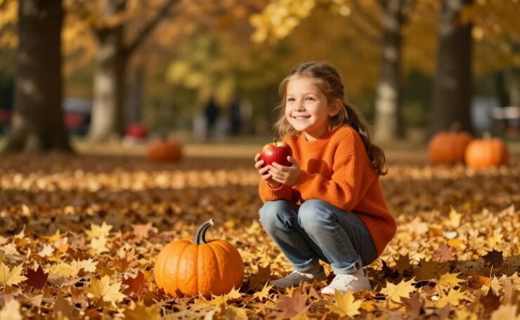 Smiling girl in an orange sweater holding an apple beside a pumpkin in fallen leaves.