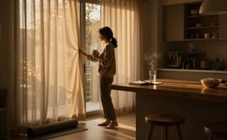 Woman opening curtains in a warm kitchen with coffee, water, oatmeal, and a notebook.