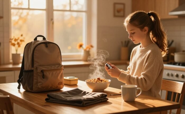 Teen girl checks her watch beside a table with school items, cereal, and a hot mug.