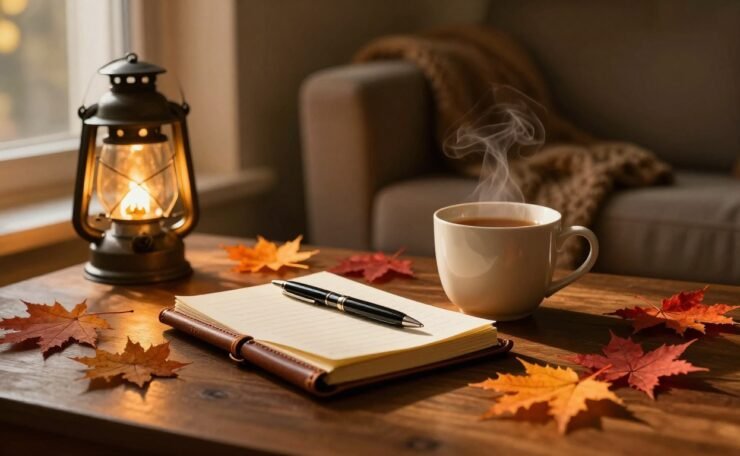 A tea mug and open journal sit on a fall-decorated table beside a cozy armchair.
