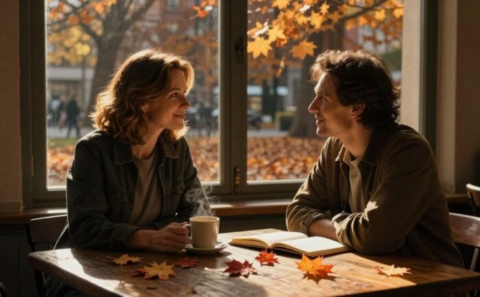 A couple smiles across a wooden table with coffee, a notebook, and autumn leaves.