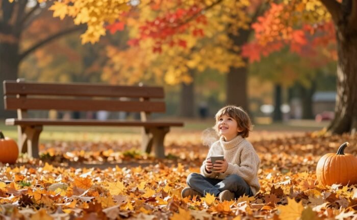 Smiling child with a mug sits on autumn leaves near pumpkins and a wooden bench.