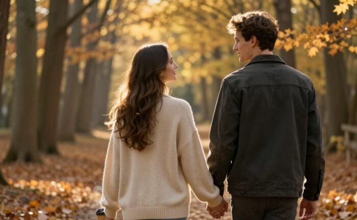 A couple walks hand-in-hand through a sunlit autumn forest with a coffee mug.