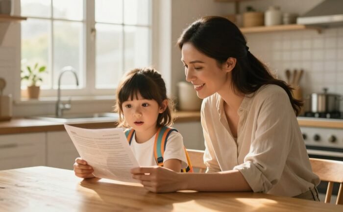 A mother listens as her child shares a school story at the kitchen table.