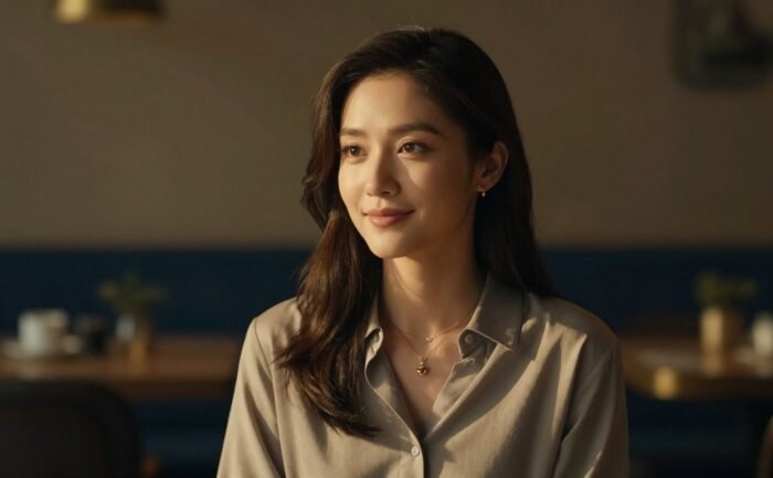 A young woman smiles confidently in a softly lit café.