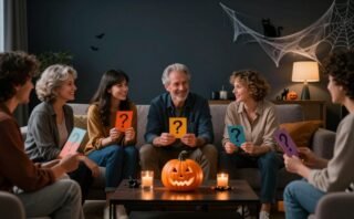 Three adults smile with question cards on a sofa beside a glowing pumpkin.