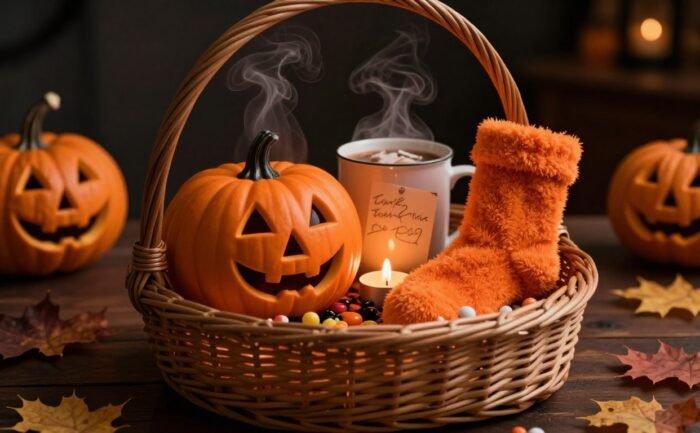A Halloween basket filled with candy, orange socks, cocoa, and a steaming pumpkin mug.