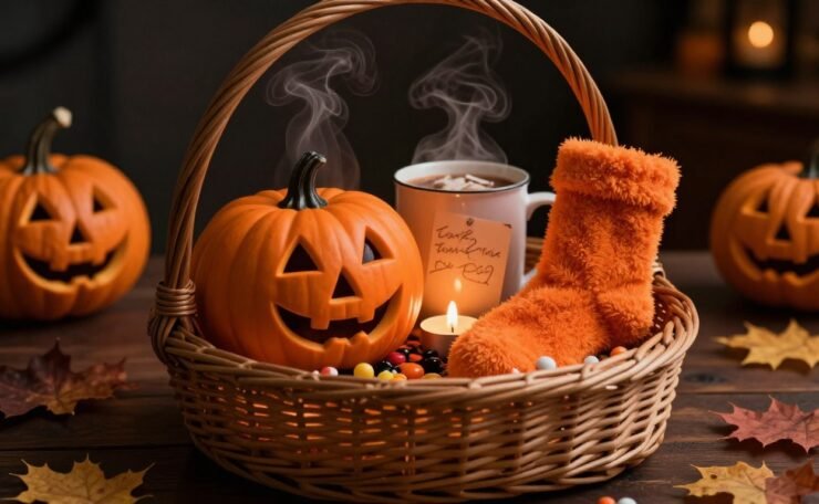 A Halloween basket filled with candy, orange socks, cocoa, and a steaming pumpkin mug.