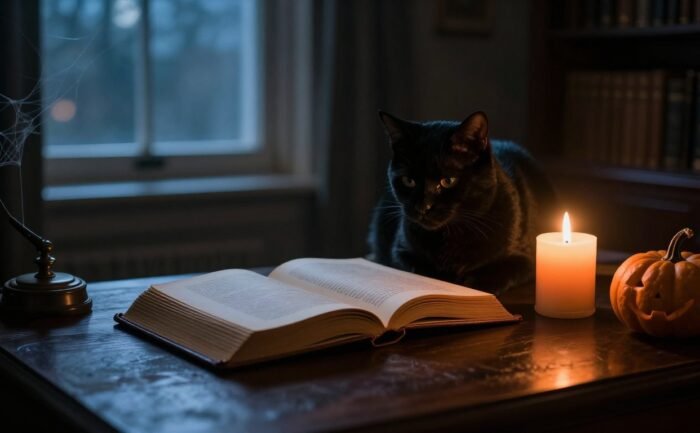 A glowing book, candle, pumpkin, and black cat rest on a desk in a shadowy study.