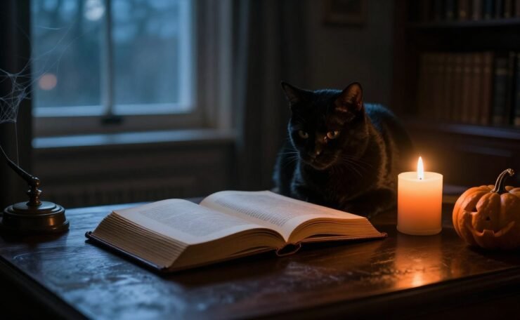 A glowing book, candle, pumpkin, and black cat rest on a desk in a shadowy study.