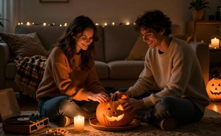 A couple carves a pumpkin together in a warmly lit Halloween living room.