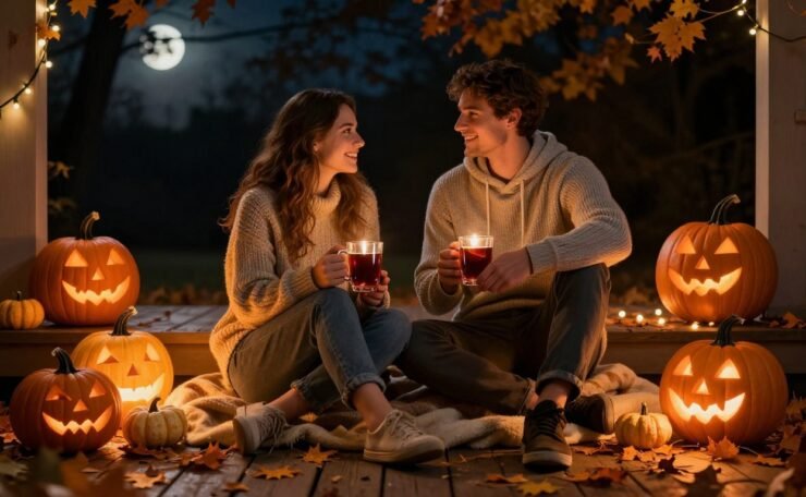 A couple shares hot cider on a blanket beside glowing pumpkins and string lights.