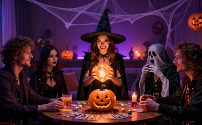 Costumed friends gather around a table with tarot cards, dice, and a glowing crystal ball.