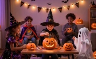Three children in costumes play a pumpkin bowling game at a Halloween party.
