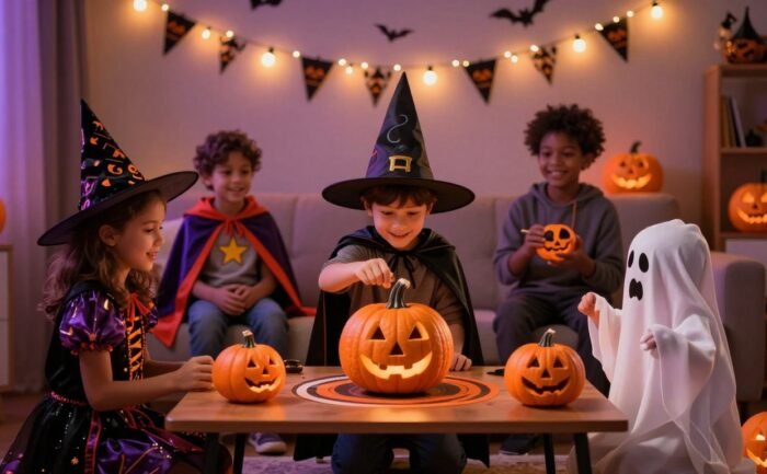 Three children in costumes play a pumpkin bowling game at a Halloween party.