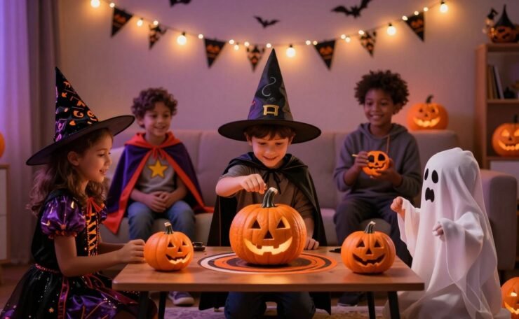Three children in costumes play a pumpkin bowling game at a Halloween party.