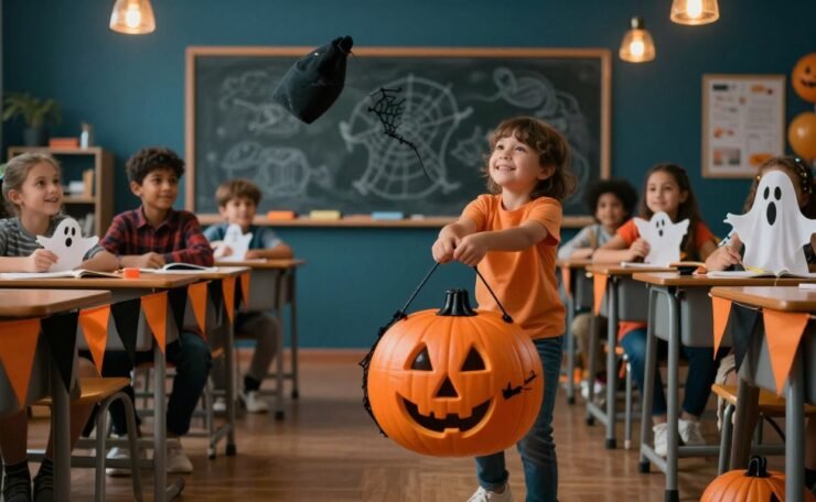 Child tosses a beanbag toward a pumpkin bucket as classmates watch.