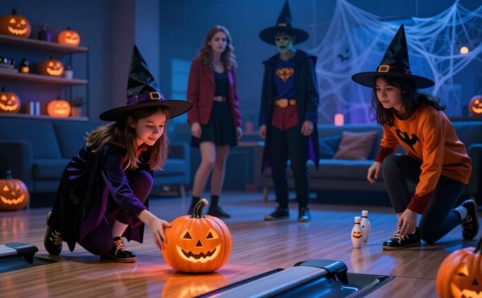 A costumed teen rolls a glowing pumpkin toward pins while friends watch in a spooky room.