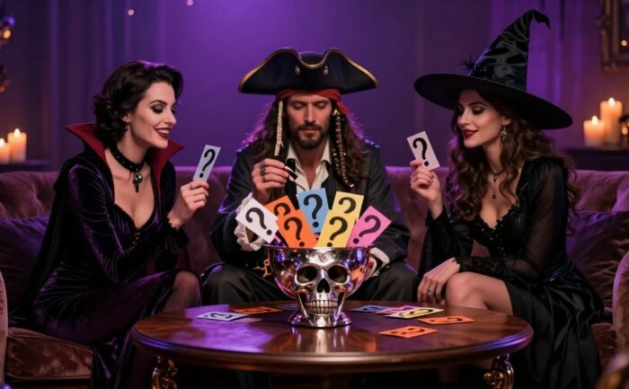 Three adults in Halloween costumes hold question cards around a table with a silver skull bowl.
