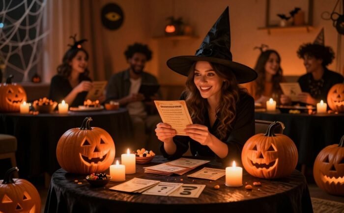 A woman reads a Halloween question card beside pumpkins and candy while friends laugh behind her.