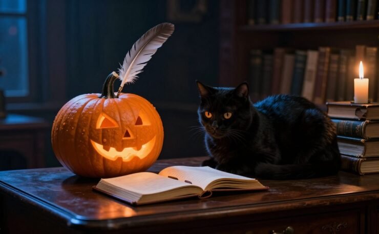 A carved pumpkin and open journal sit on a desk beside a black cat and old books.