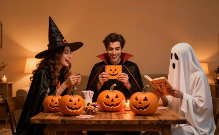 Three friends in Halloween costumes play truth or dare around a table with pumpkins and candy.