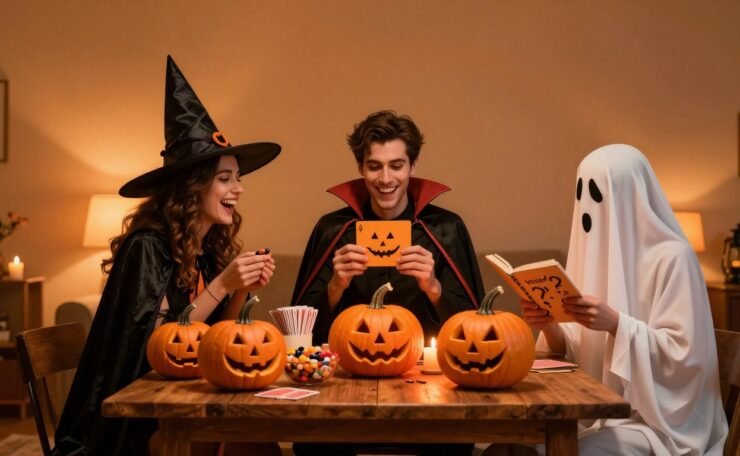 Three friends in Halloween costumes play truth or dare around a table with pumpkins and candy.