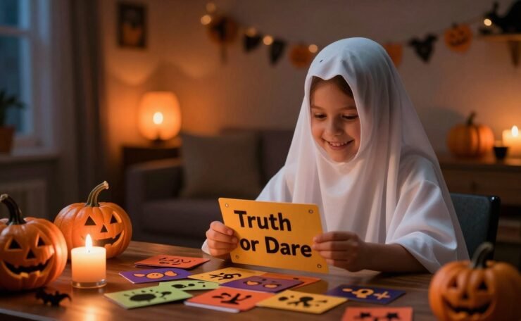 A girl in a ghost costume holds a colorful Halloween card at a table.