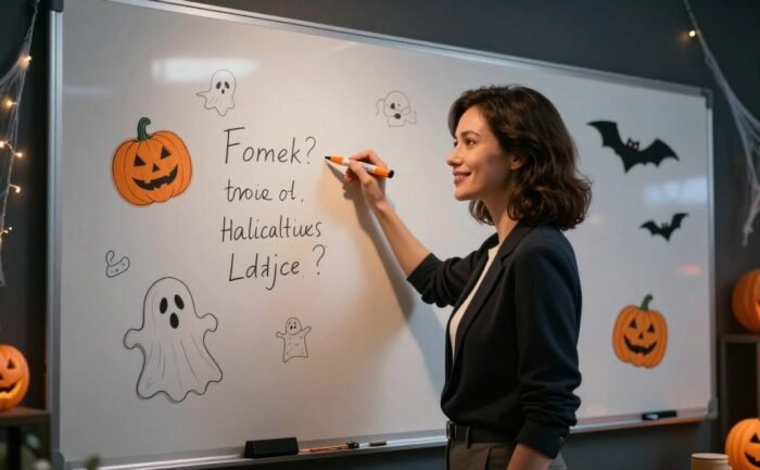 A smiling teacher with an orange marker stands beside a Halloween-decorated classroom whiteboard.