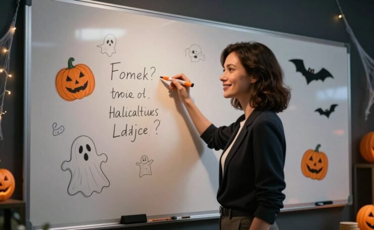 A smiling teacher with an orange marker stands beside a Halloween-decorated classroom whiteboard.