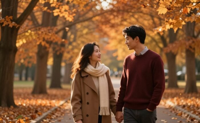 A couple holds hands on a leafy park path beneath golden autumn trees.