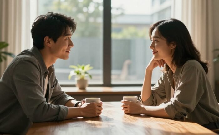 A couple listens and smiles across a wooden table in a bright living room.