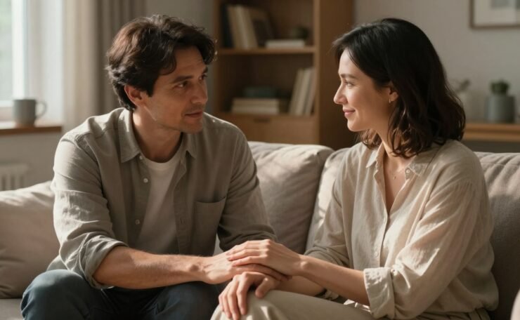 A couple sits together on a sofa, holding hands in a softly lit living room.