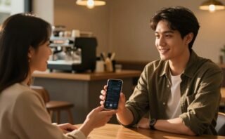 A smiling man offers his phone to a woman in a warmly lit coffee shop.