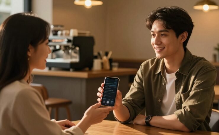 A smiling man offers his phone to a woman in a warmly lit coffee shop.