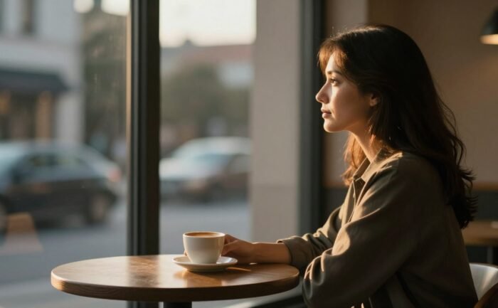 A woman sits alone by a café window with a coffee cup in sunset light.