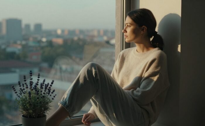 A woman in a sweater sits by a window beside a lavender plant at sunrise.