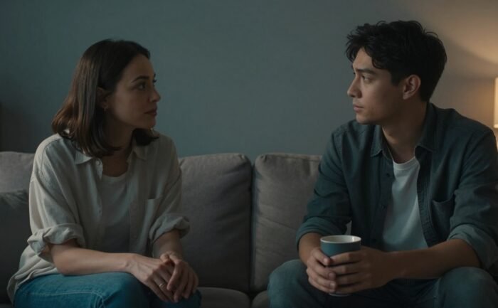 A woman listens to a man holding a coffee mug on a sofa.