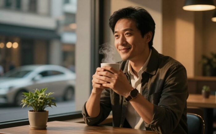 A smiling man holds a steaming coffee mug in a softly lit café.