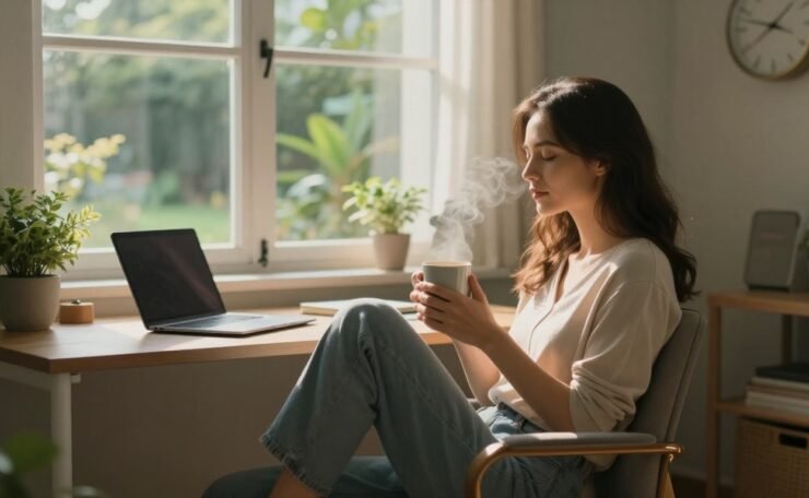 Woman relaxing with a mug in a sunlit home office beside a laptop and plant.