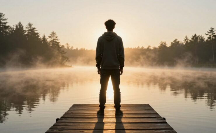 A person stands on a dock overlooking a misty lake at sunrise.