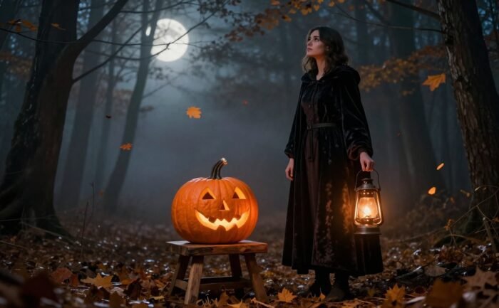 A woman holding a lantern beside a glowing pumpkin in a misty autumn forest.