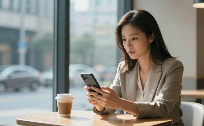 A thoughtful woman checks her smartphone at a softly lit café table.