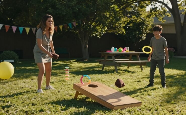 Two guests play cornhole and ring toss in a sunny backyard.