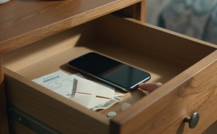 An open dresser drawer reveals a phone, receipt, cash envelope, and medication bottle.