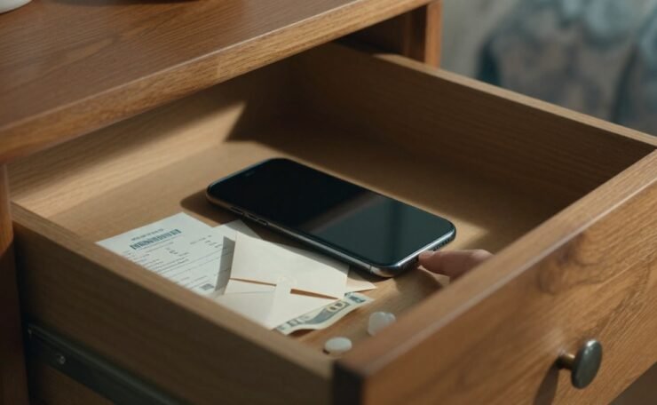 An open dresser drawer reveals a phone, receipt, cash envelope, and medication bottle.