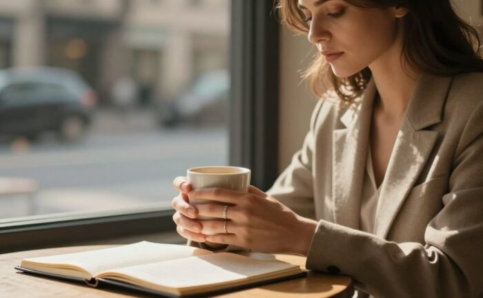 A woman sits alone in a sunny café with coffee and a notebook.